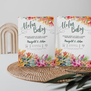 Tropical Baby Shower invite, Aloha baby shower, baby shower luau, hawaiian baby shower, aloha baby, luau invitation, tropical flowers, Canva