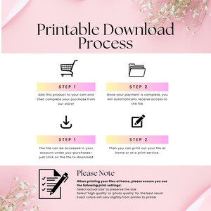 May include: Printable download process infographic with a shopping cart, folder, download arrow, and pencil icon. The text explains how to purchase and download a digital file. It also includes a note about printing settings.