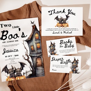 Halloween Baby Shower invitation set, little boo baby shower, twin Baby shower, Halloween Invitation, Fall invites, joint shower, diaper