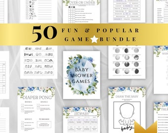 Puede incluir: Un conjunto de 50 juegos de baby shower imprimibles en un diseño floral azul y blanco. Los juegos incluyen "Más o menos", "Adivinanzas", "Scattergories", "Deseo", "Verdadero o falso", "Pong de pañales", "Jeopardy" y "Dibuja al bebé".