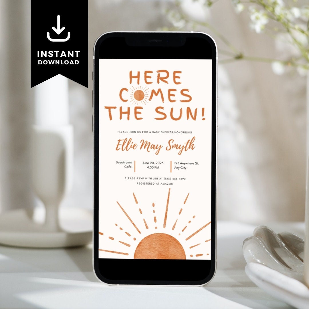 Here Comes the Sun Baby Shower Evite Sunshine Evite and Shower Bundle