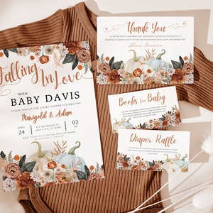 Falling in Love Baby Shower Invitation, Fall Baby Shower, Autumn baby shower invite, pumpkin invitation set, fall floral, boho autumn, Canva