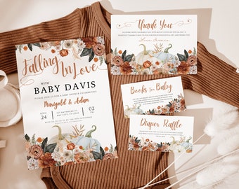 Invito per baby shower innamorato, invito per baby shower autunnale, invito per baby shower autunnale, set di inviti di zucca, floreale autunnale, autunno boho, Canva
