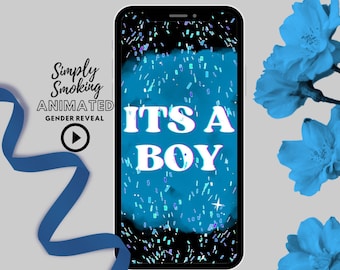 May include: A blue and black animated phone screen with confetti falling and the text "It's a Boy" in white with a glittery effect. A blue ribbon and blue flowers are on either side of the phone.