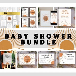 Here Comes The Sun Baby Shower Bundle, sunshine editable printable bundle, Boho Sunshine Baby Sprinkle Invite, Bohemian Sun Neutral, games,