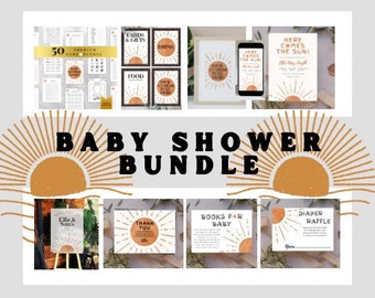 Here Comes The Sun Baby Shower Bundle, sunshine editable printable bundle, Boho Sunshine Baby Sprinkle Invite, Bohemian Sun Neutral, games,