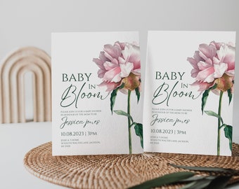Bébé en fleur Baby Shower inviter, fleur de pivoine, rose minimaliste modifiable, invitation moderne, fille garçon neutre, imprimable, évite inclus
