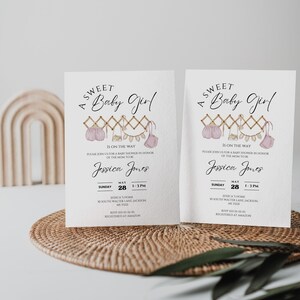 A sweet girl baby shower invitation, boho baby girl clothes washing line, southern, instant download, Canva, it’s a girl baby shower invite