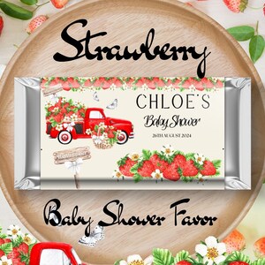 Berry sweet baby on the way, strawberry baby shower, fruit baby shower, candy wrapper favor, Canva, summer baby favor, baby shower favor