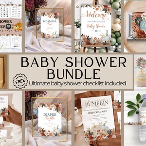 Blauer Kürbis Babyparty Bündel, Herbst Babyparty, Kürbis Einladungssatz, Herbst Blumen, Boho Junge, Einladungsbündel, Baby Blau Herbst Thema