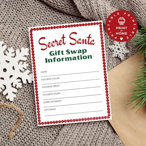 May include: Printable Secret Santa gift swap information card with a red and white polka dot border. The card has spaces to fill in with the person's name, favorite color, favorite treat, favorite store, hobbies/interests, and gift ideas.
