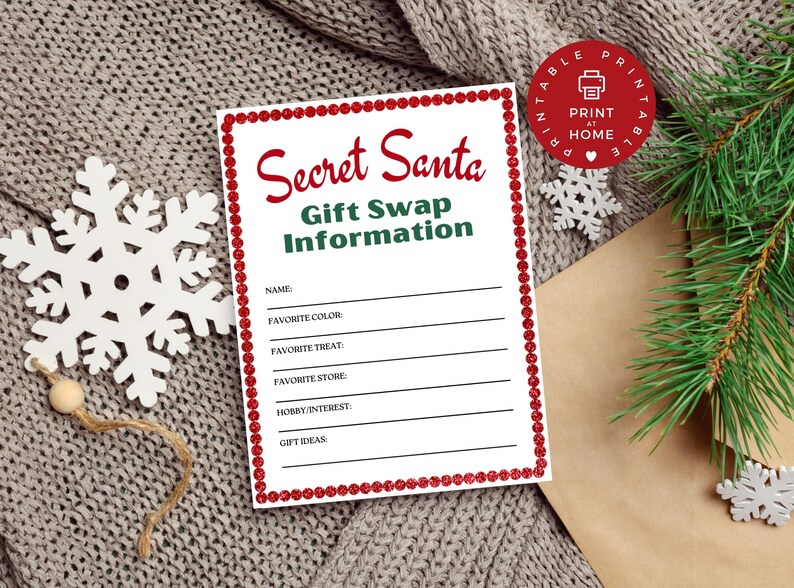 May include: Printable Secret Santa gift swap information card with a red and white polka dot border. The card has spaces to fill in with the person's name, favorite color, favorite treat, favorite store, hobbies/interests, and gift ideas.