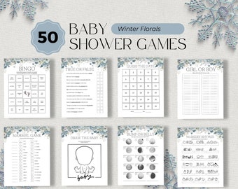 Może przedstawiać: Zestaw 50 drukowanych gier na baby shower w zimowym stylu kwiatowym. Gry obejmują Bingo, Prawda czy Fałsz, Zgadnij Datę, Dziewczynka czy Chłopiec, Gra o Ssaki, Narysuj Dziecko, Brzuch czy Brzuszek i Rymowanki do Kołysanek.