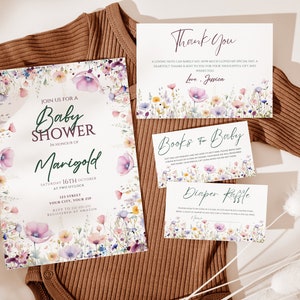 Wildflower baby shower Invitation, Baby Shower Bundle, Baby Shower Invitation, Books for Baby Card, Diaper Raffle ticket, baby in bloom set