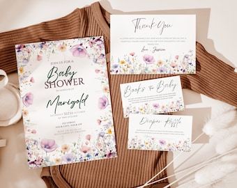 Wildflower baby shower Invitation, Baby Shower Bundle, Baby Shower Invitation, Books for Baby Card, Diaper Raffle ticket, baby in bloom set