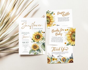 Baby Shower ze słonecznikiem, to dziewczynka, rustykalny słonecznik, zestaw zaproszeń, Boho Sunflower Baby Shower Invite, letni zestaw na baby shower, Canva