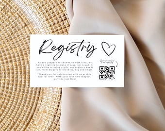 Puede incluir: Una tarjeta blanca con texto negro que dice "Registry" y un símbolo de corazón. La tarjeta también incluye un código QR y el texto "Scan to connect to our registry".