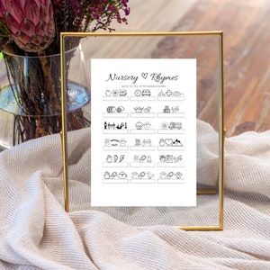 May include: A printable nursery rhyme game with black and white illustrations of common nursery rhyme objects. The game instructs players to guess the title of the nursery rhyme based on the image. The title "Nursery Rhymes" is at the top of the page.