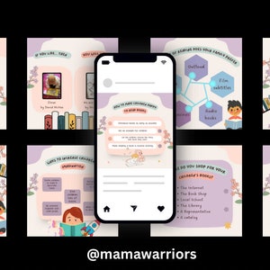 Pu&ograve; includere: Un collage di post di Instagram sui libri con il testo "Un libro &egrave; un regalo che puoi aprire ancora e ancora" e "I libri potrebbero essere l'unica vera magia". Il collage include anche illustrazioni di bambini che leggono libri.