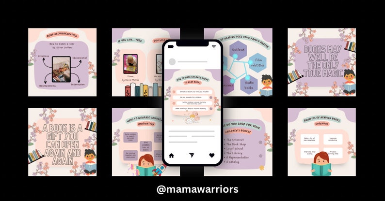 Pu&ograve; includere: Un collage di post di Instagram sui libri con il testo "Un libro &egrave; un regalo che puoi aprire ancora e ancora" e "I libri potrebbero essere l'unica vera magia". Il collage include anche illustrazioni di bambini che leggono libri.