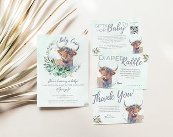 Highland Cow Baby Shower Invitation Set, Holy Cow Baby Shower Invites, boho cow ranch baby shower, diaper raffle, QR code registry, Canva