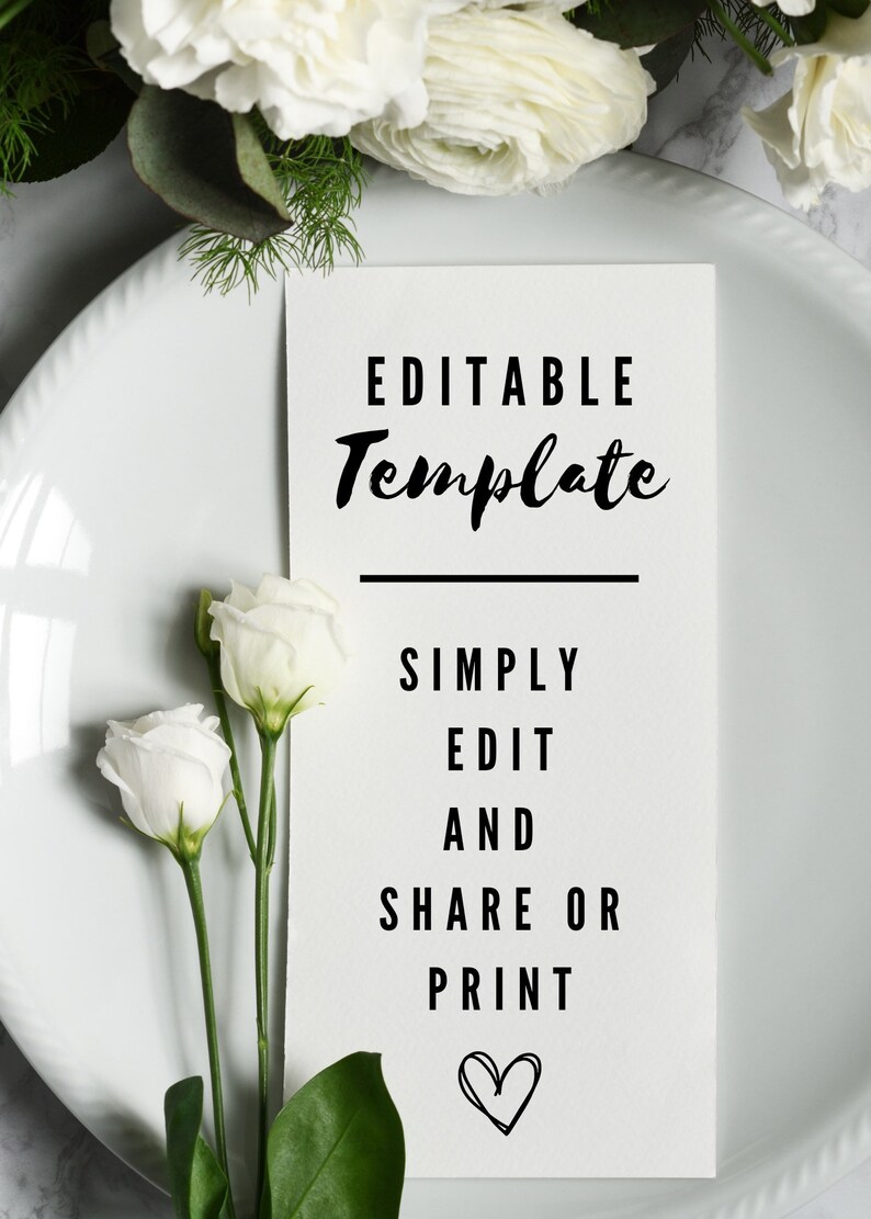 Pu&ograve; includere: Carta modello modificabile con il testo "Editable Template" in corsivo nero, seguito da "Simply Edit and Share or Print" in nero a blocchi. Un piccolo cuore &egrave; disegnato in nero nella parte inferiore della carta.
