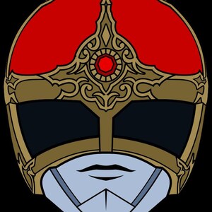 May include: A stylized illustration of a red and gold helmet with black eye coverings. The helmet features a red crest, gold trim, and a central red jewel. The lower portion of the helmet is light blue with a stylized mouth.