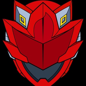 May include: A red, geometric design of a helmet or mask, with sharp angles and a symmetrical layout. The design features gray and yellow accents, set against a black background. The overall aesthetic suggests a futuristic or superhero theme.