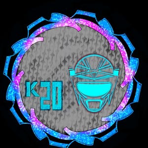 May include: Circular graphic with a blue and purple outer gear design. The center features a gray pattern, with the text "K20" in blue. A blue helmet design is on the right side, all set against a black background.