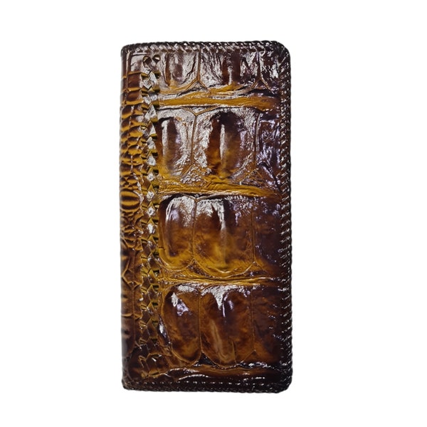 Dark Brown Alligator Wallet Genuine Double Horn Corner Knit Handmade Unisex Wallet  Long Wallet