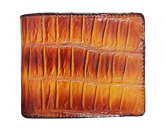 Cartera de hombre de piel de cocodrilo marrón, hecha a mano.