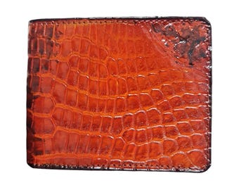 Orange Alligator Leather Wallet, Handmade Bifold Wallet
