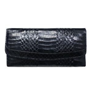 Cartera larga de piel de serpiente Cobra auténtica para mujer, hecha a mano, color negro