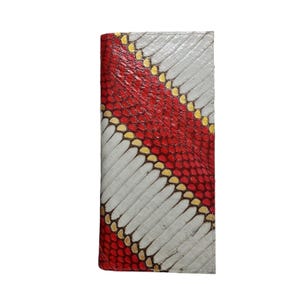 Cartera larga unisex de piel de cobra auténtica para hombre, color gris y rayas rojas doradas