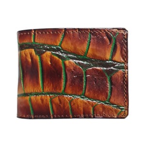 Bruine alligator lederen portemonnee heren lederen skin, handgemaakte leren portemonnee voor heren, gepersonaliseerde herenportemonnee groene ader