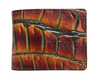 Cartera plegable de piel de cocodrilo marrón: hecha a mano para hombre.