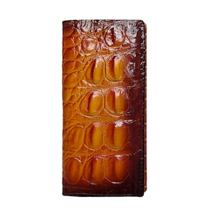Cartera larga de piel de asta de cocodrilo auténtica de color marrón, cartera unisex de cuero hecha a mano, cartera de cuero personalizada