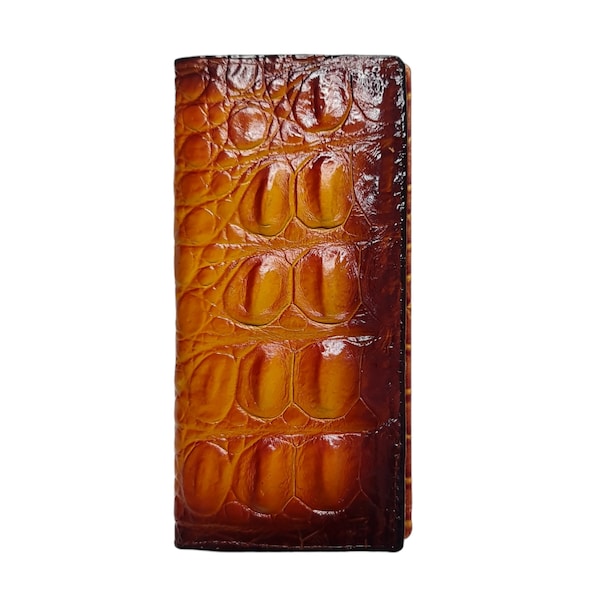 Brown Alligator Genuine Horn Leather Skin Long Wallet, Handmade Leather Unisex Wallet Personalized Leather Wallet