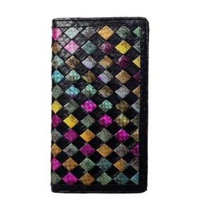 Cartera unisex de piel de cobra multicolor trenzada hecha a mano con diseño de serpiente