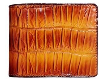 Cartera de hombre de piel de cocodrilo marrón, hecha a mano.