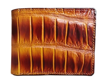 Cartera de hombre de piel de cocodrilo marrón, hecha a mano.