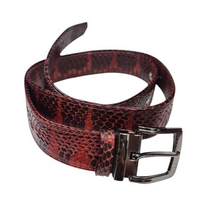 May include: A coiled, reddish-brown belt with a snakeskin pattern. The belt has a silver-coloured, rectangular buckle. The leather belt is a fashion accessory.