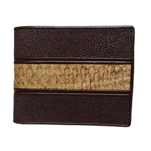 Cartera genuina de raya de piel de raya de tilapia del Nilo para hombre, cartera acuática exótica de café oscuro