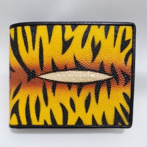 Mens Wallet Best Gift For Husband Real Genuine Real Stingray Skin With Tiger Painting Motive Yellow Black Stripes
