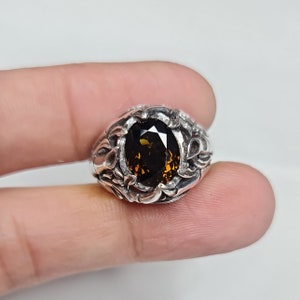 Tourmaline Mens Silver Ring Chinese Bamboo Handmade Carved Ring