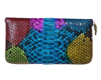 Cartera larga multicolor para mujer de auténtica piel de pitón.
