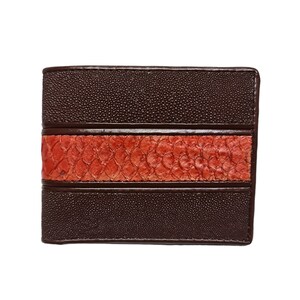 Cartera de hombre con rayas de piel de tilapia del Nilo y mantarraya genuina, Cartera acuática exótica de café oscuro