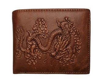 Genuine Brown Leather Dragon Bifold Wallet Men's Wallet Handmade