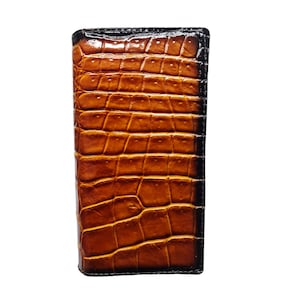 Cartera larga de piel de cuero de cuerno genuino de cocodrilo marrón naranja, cartera unisex de cuero hecha a mano Cartera de cuero personalizada