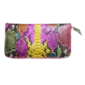 Genuine Python Snake Skin Women Long Wallet Multicolor | Exotic Handmade Purse with Card Slots, Bills & Coin Compartments